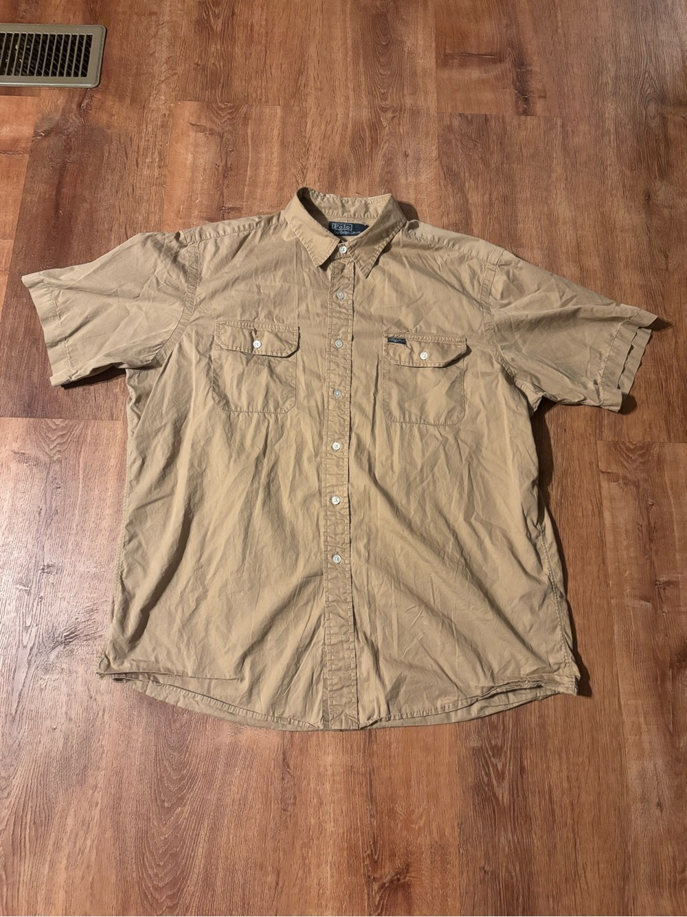 Polo Ralph Lauren Shirt Mens XL Beige Short Sleeve Button Front Pockets Casual